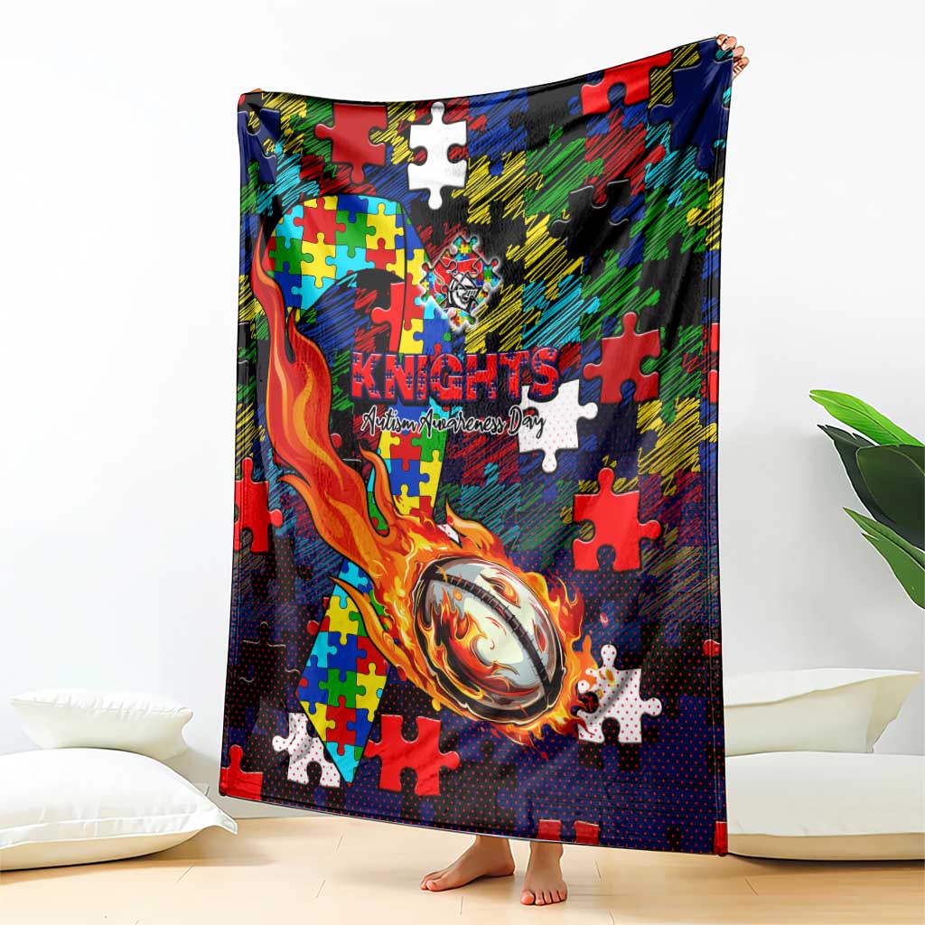 Knights Autism Awareness Blanket Puzzle Flames Rugby Ball