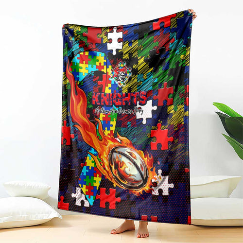 Knights Autism Awareness Blanket Puzzle Flames Rugby Ball