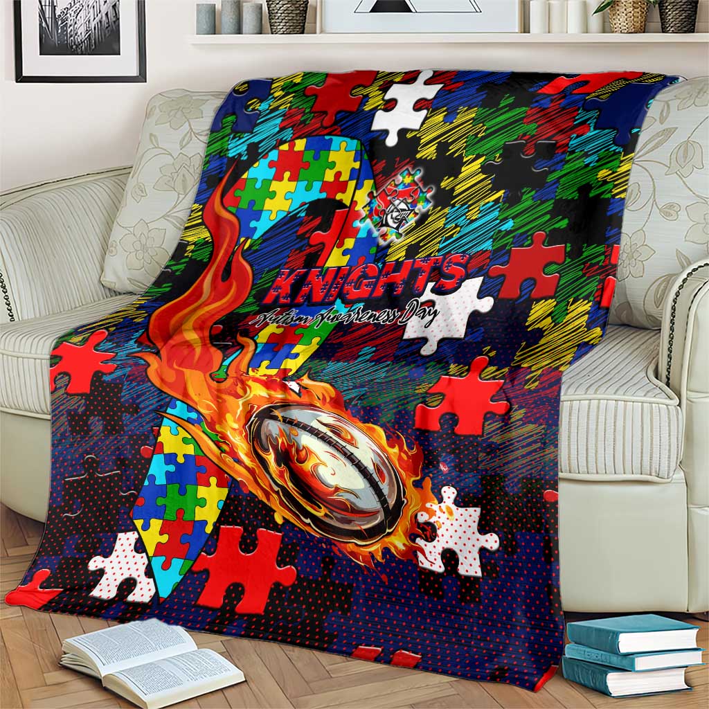 Knights Autism Awareness Blanket Puzzle Flames Rugby Ball