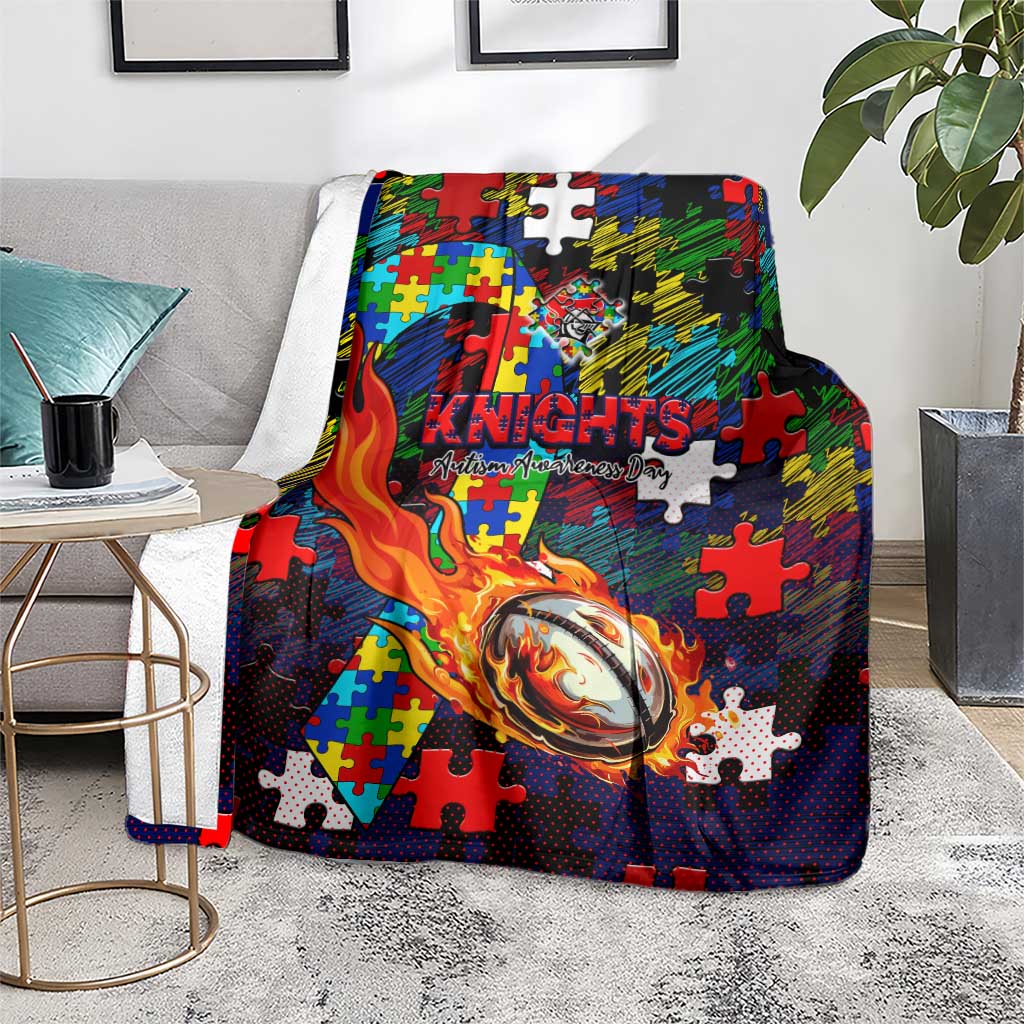 Knights Autism Awareness Blanket Puzzle Flames Rugby Ball