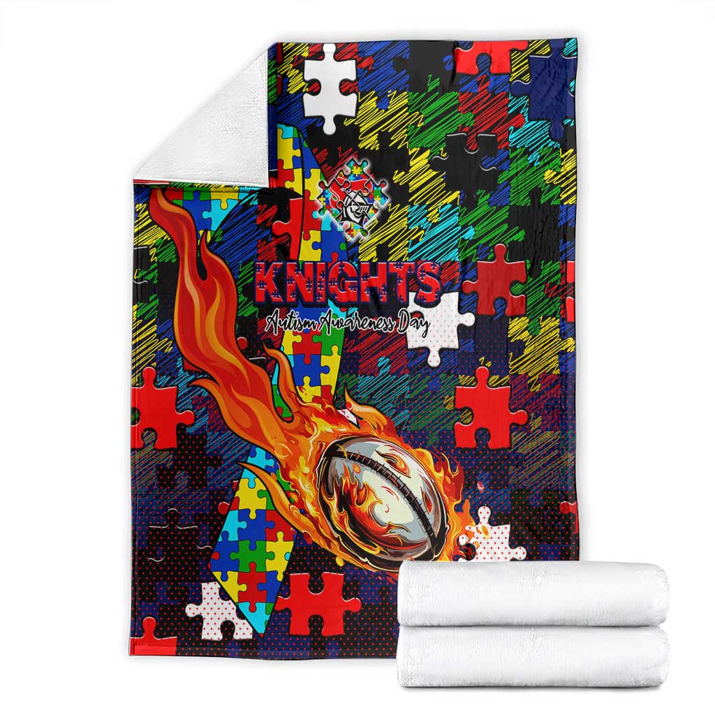 Knights Autism Awareness Blanket Puzzle Flames Rugby Ball