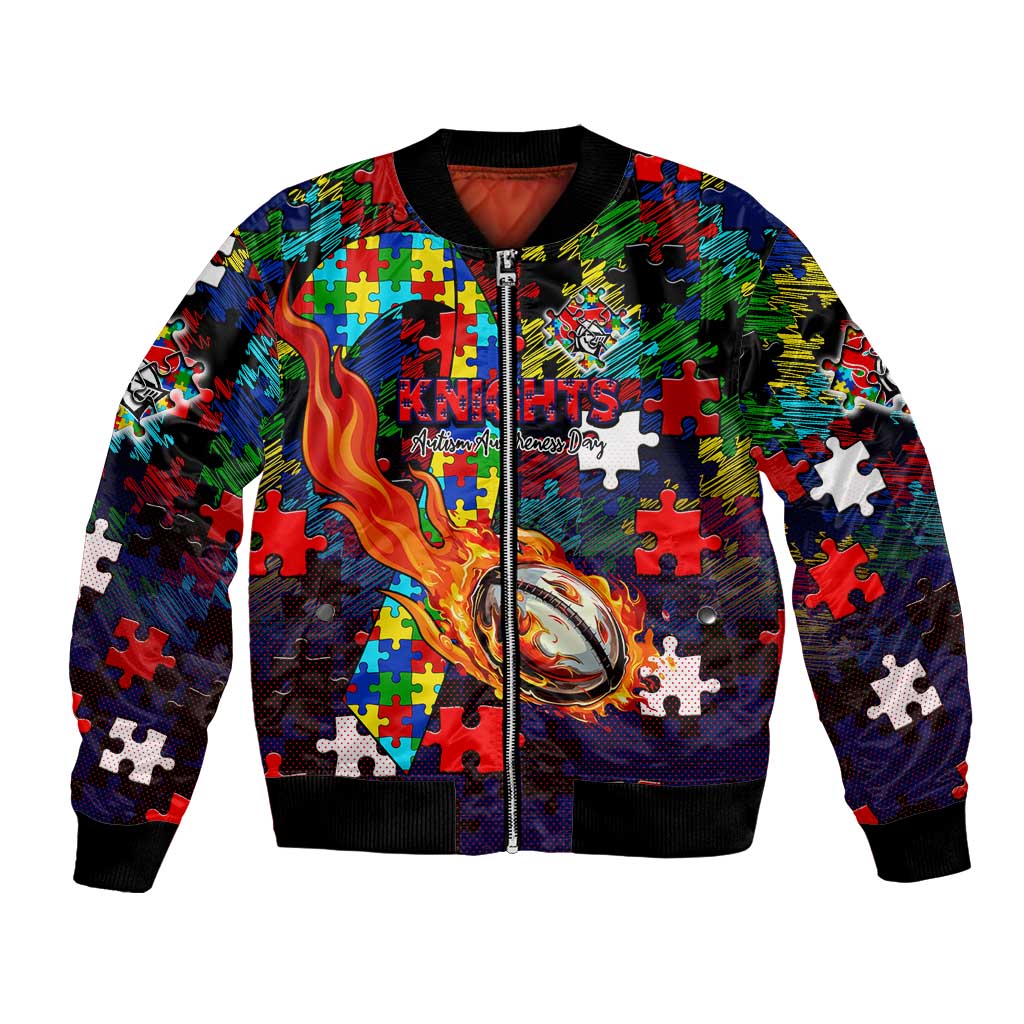 Knights Autism Awareness Bomber Jacket Puzzle Flames Rugby Ball