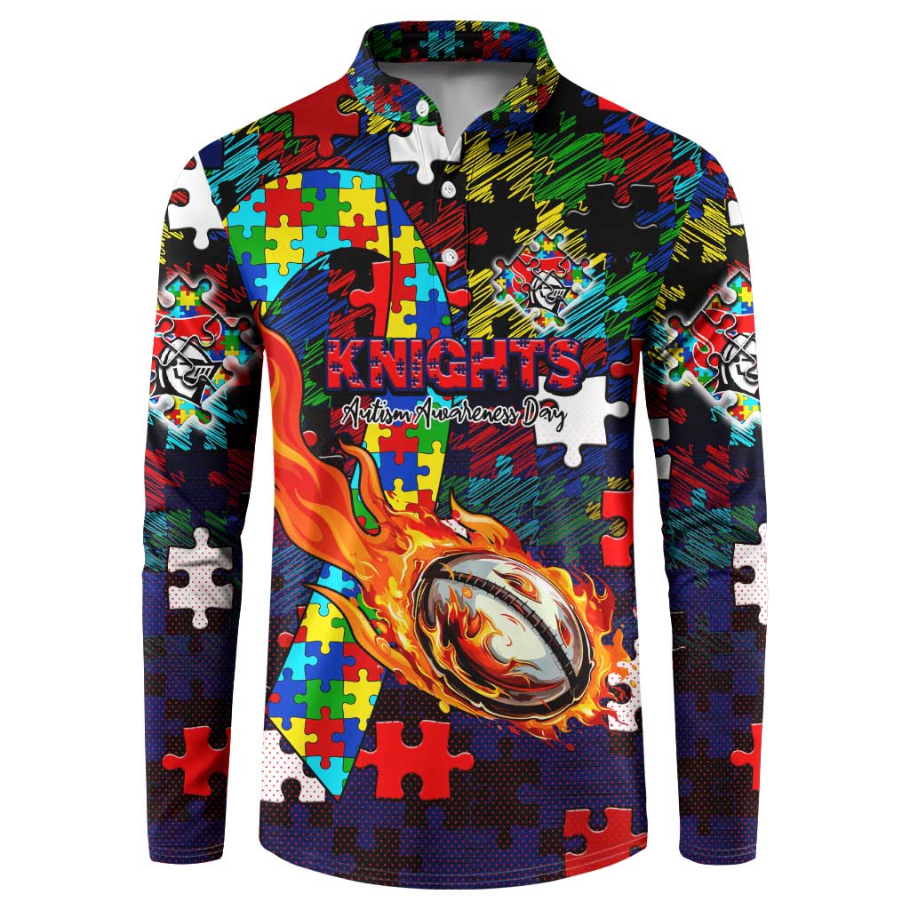 Knights Autism Awareness Button Sweatshirt Puzzle Flames Rugby Ball