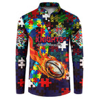 Knights Autism Awareness Button Sweatshirt Puzzle Flames Rugby Ball
