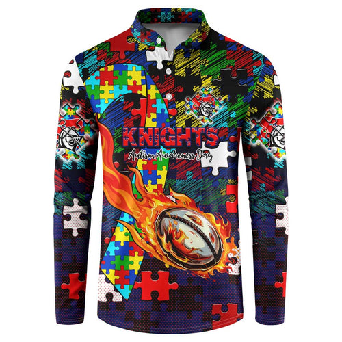 Knights Autism Awareness Button Sweatshirt Puzzle Flames Rugby Ball