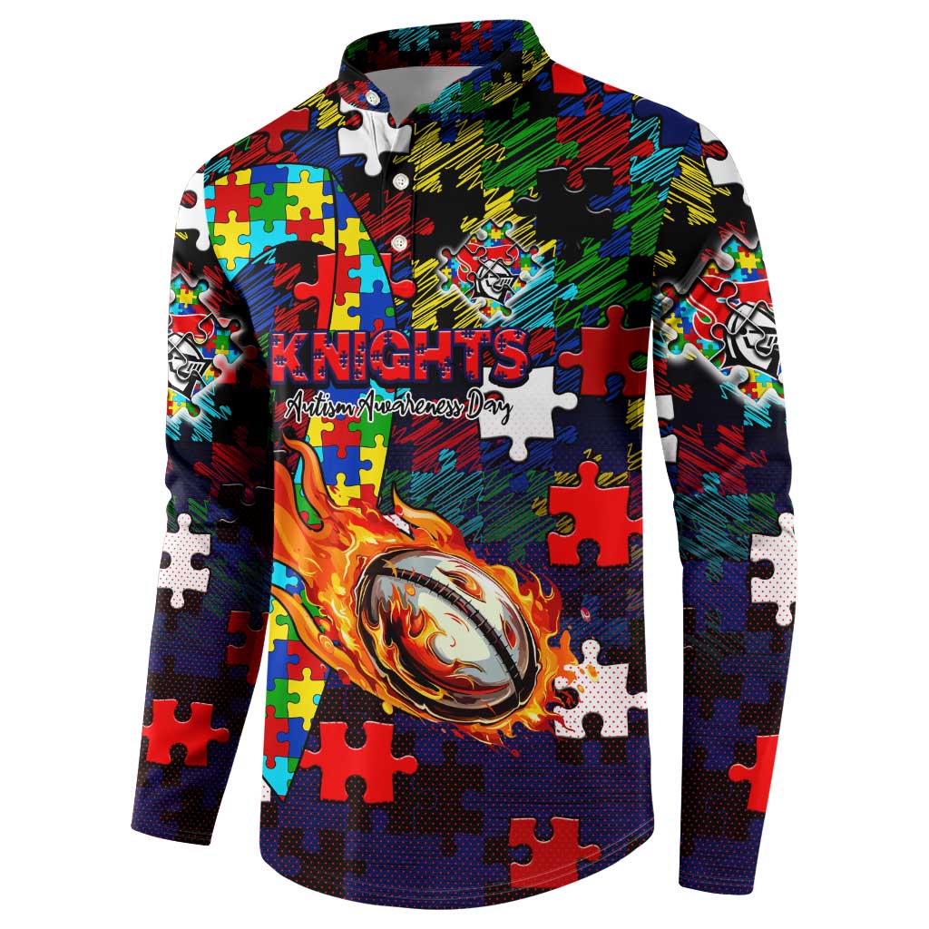 Knights Autism Awareness Button Sweatshirt Puzzle Flames Rugby Ball