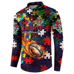 Knights Autism Awareness Button Sweatshirt Puzzle Flames Rugby Ball