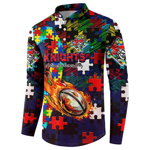 Knights Autism Awareness Button Sweatshirt Puzzle Flames Rugby Ball
