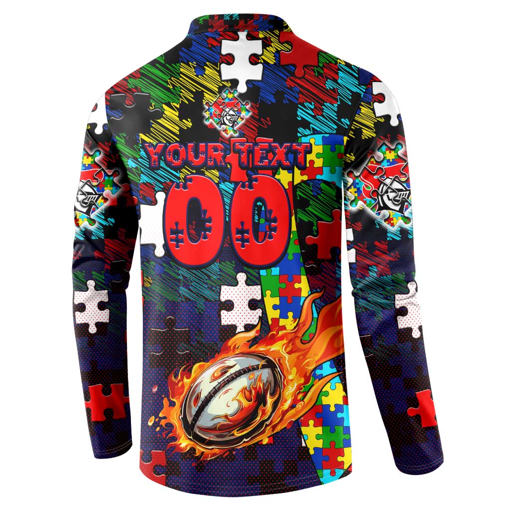 Knights Autism Awareness Button Sweatshirt Puzzle Flames Rugby Ball