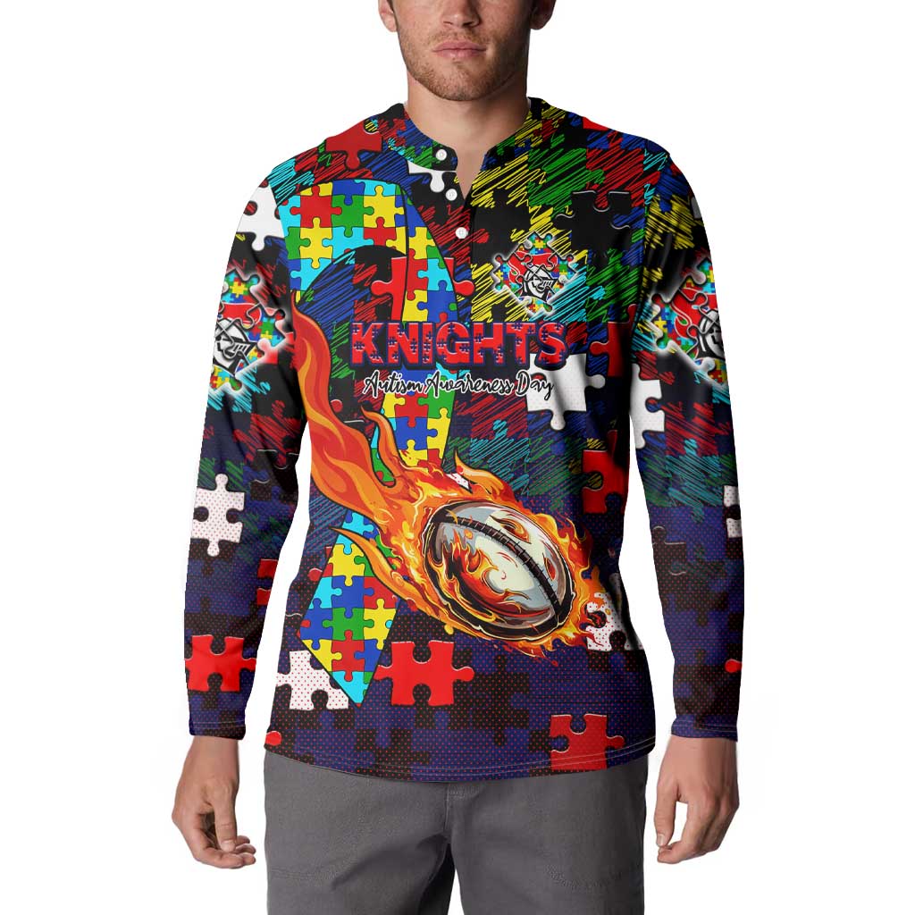 Knights Autism Awareness Button Sweatshirt Puzzle Flames Rugby Ball