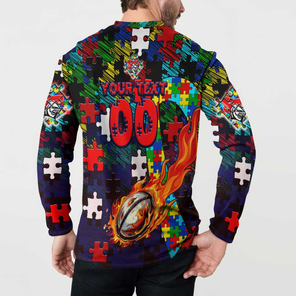 Knights Autism Awareness Button Sweatshirt Puzzle Flames Rugby Ball
