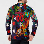 Knights Autism Awareness Button Sweatshirt Puzzle Flames Rugby Ball