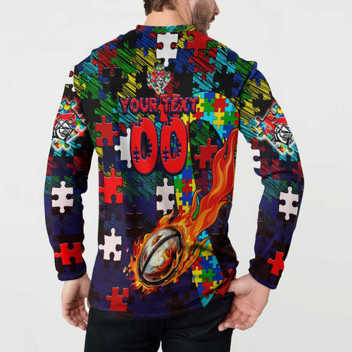 Knights Autism Awareness Button Sweatshirt Puzzle Flames Rugby Ball