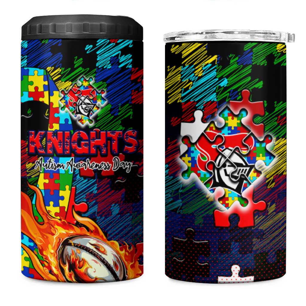Knights Autism Awareness 4 in 1 Can Cooler Tumbler Puzzle Flames Rugby Ball