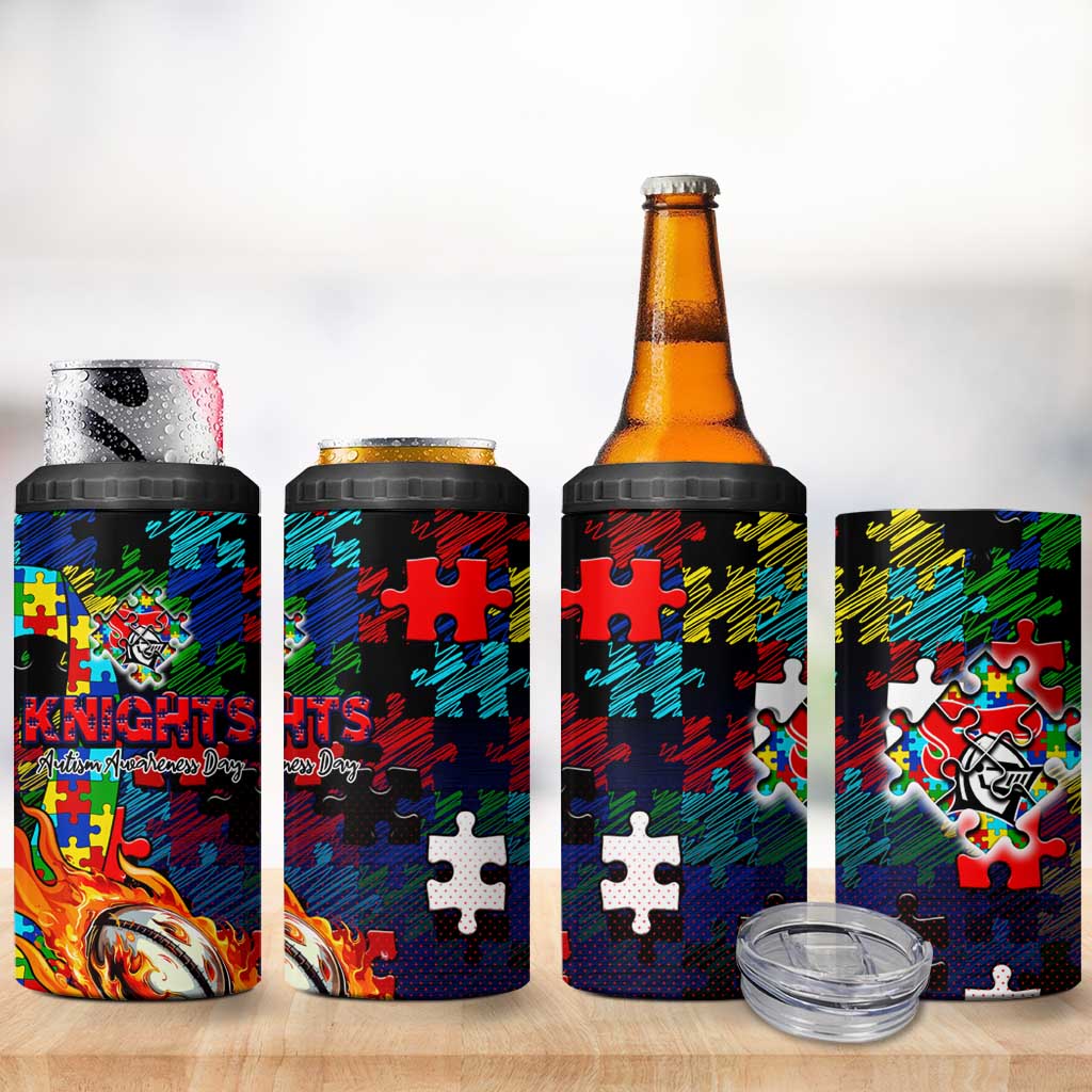 Knights Autism Awareness 4 in 1 Can Cooler Tumbler Puzzle Flames Rugby Ball
