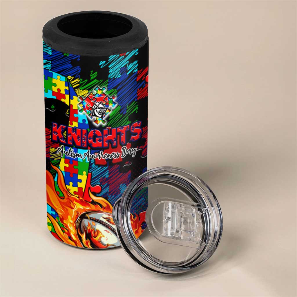 Knights Autism Awareness 4 in 1 Can Cooler Tumbler Puzzle Flames Rugby Ball