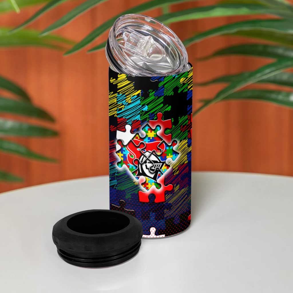 Knights Autism Awareness 4 in 1 Can Cooler Tumbler Puzzle Flames Rugby Ball