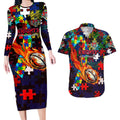 Knights Autism Awareness Couples Matching Long Sleeve Bodycon Dress and Hawaiian Shirt Puzzle Flames Rugby Ball