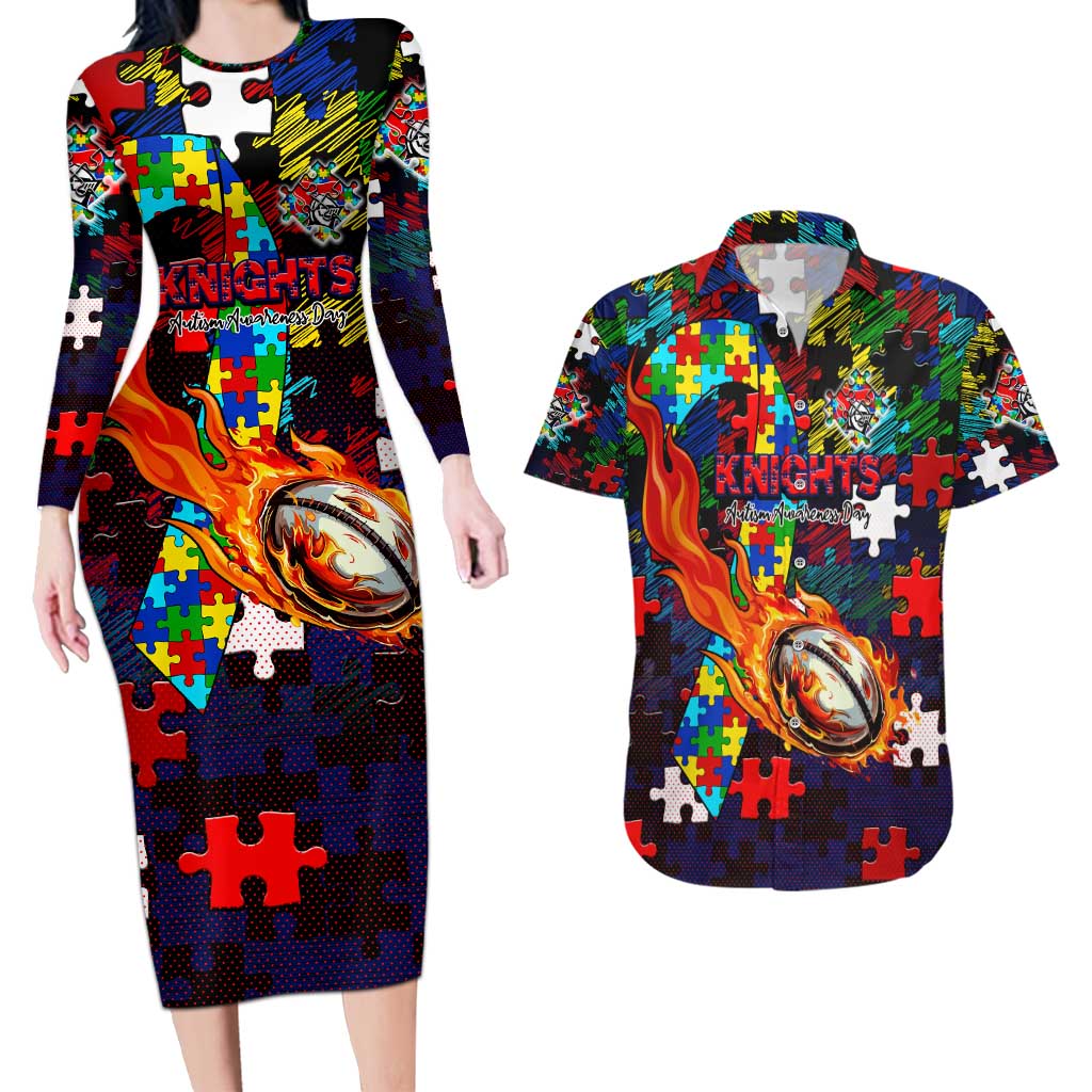Knights Autism Awareness Couples Matching Long Sleeve Bodycon Dress and Hawaiian Shirt Puzzle Flames Rugby Ball