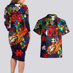 Knights Autism Awareness Couples Matching Long Sleeve Bodycon Dress and Hawaiian Shirt Puzzle Flames Rugby Ball