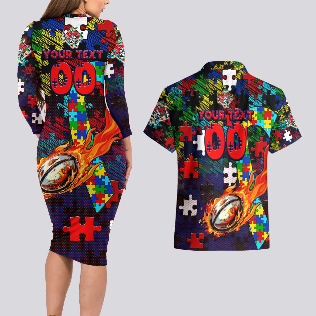Knights Autism Awareness Couples Matching Long Sleeve Bodycon Dress and Hawaiian Shirt Puzzle Flames Rugby Ball