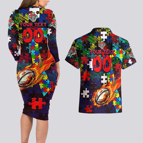Knights Autism Awareness Couples Matching Long Sleeve Bodycon Dress and Hawaiian Shirt Puzzle Flames Rugby Ball