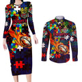 Knights Autism Awareness Couples Matching Long Sleeve Bodycon Dress and Long Sleeve Button Shirt Puzzle Flames Rugby Ball