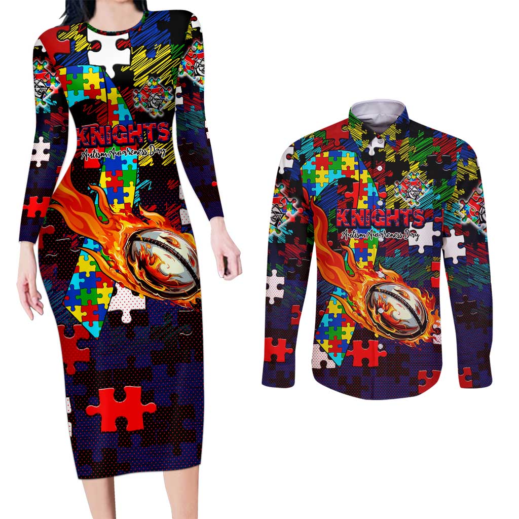 Knights Autism Awareness Couples Matching Long Sleeve Bodycon Dress and Long Sleeve Button Shirt Puzzle Flames Rugby Ball
