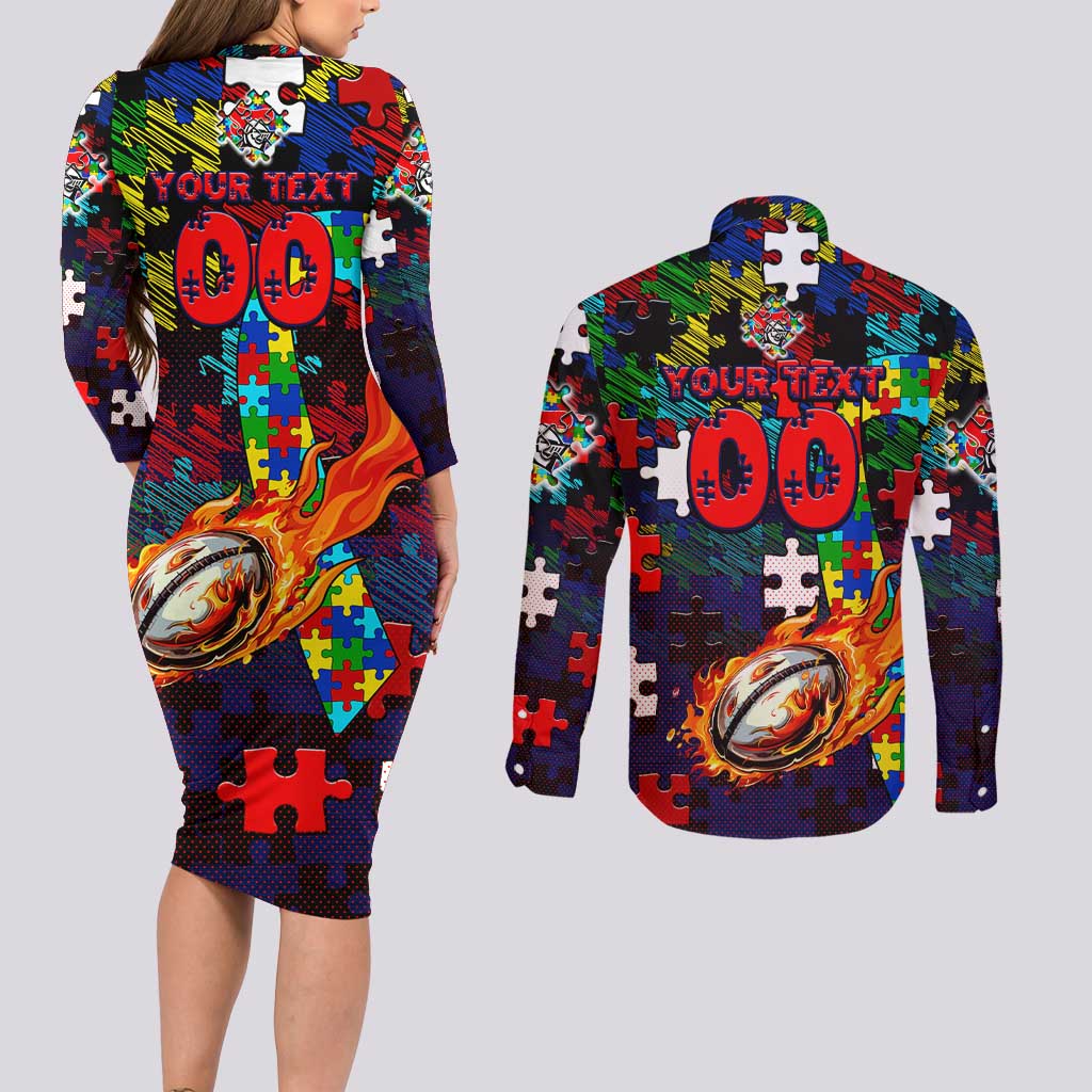 Knights Autism Awareness Couples Matching Long Sleeve Bodycon Dress and Long Sleeve Button Shirt Puzzle Flames Rugby Ball