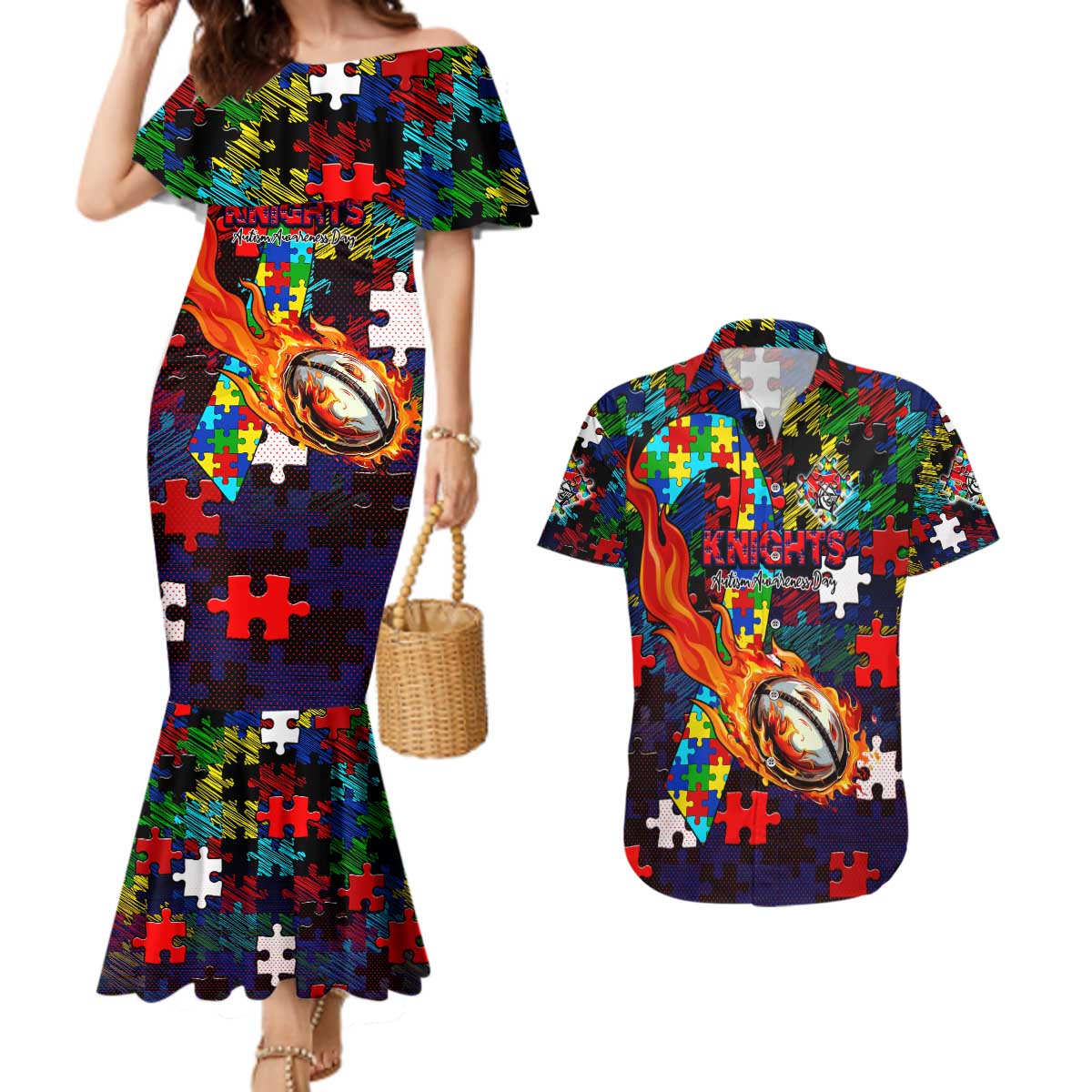 Knights Autism Awareness Couples Matching Mermaid Dress and Hawaiian Shirt Puzzle Flames Rugby Ball