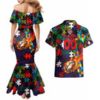 Knights Autism Awareness Couples Matching Mermaid Dress and Hawaiian Shirt Puzzle Flames Rugby Ball