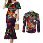 Knights Autism Awareness Couples Matching Mermaid Dress and Long Sleeve Button Shirt Puzzle Flames Rugby Ball