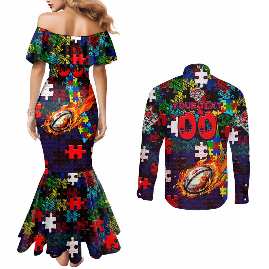 Knights Autism Awareness Couples Matching Mermaid Dress and Long Sleeve Button Shirt Puzzle Flames Rugby Ball