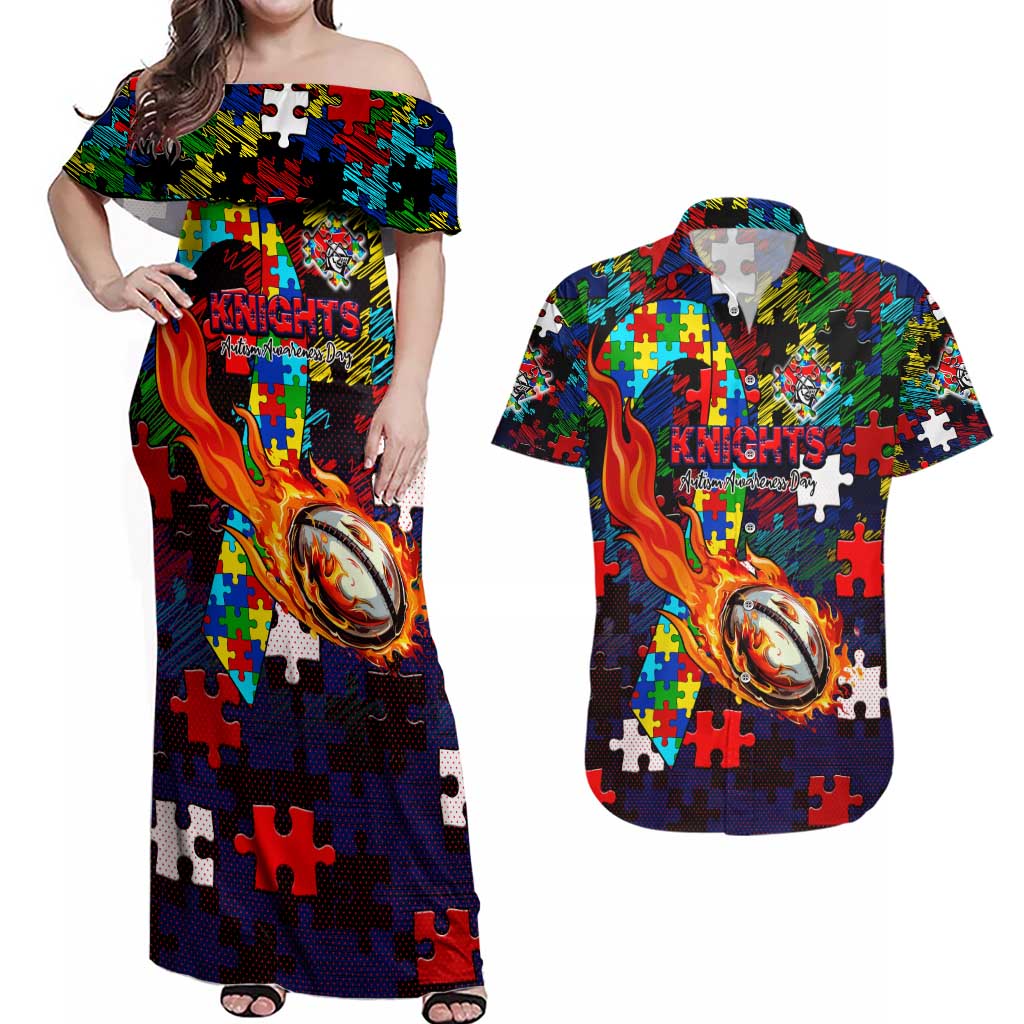 Knights Autism Awareness Couples Matching Off Shoulder Maxi Dress and Hawaiian Shirt Puzzle Flames Rugby Ball