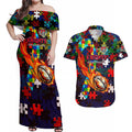 Knights Autism Awareness Couples Matching Off Shoulder Maxi Dress and Hawaiian Shirt Puzzle Flames Rugby Ball