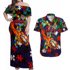 Knights Autism Awareness Couples Matching Off Shoulder Maxi Dress and Hawaiian Shirt Puzzle Flames Rugby Ball