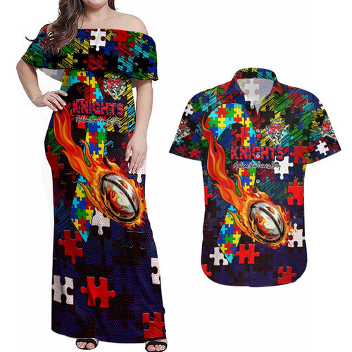 Knights Autism Awareness Couples Matching Off Shoulder Maxi Dress and Hawaiian Shirt Puzzle Flames Rugby Ball