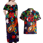 Knights Autism Awareness Couples Matching Off Shoulder Maxi Dress and Hawaiian Shirt Puzzle Flames Rugby Ball