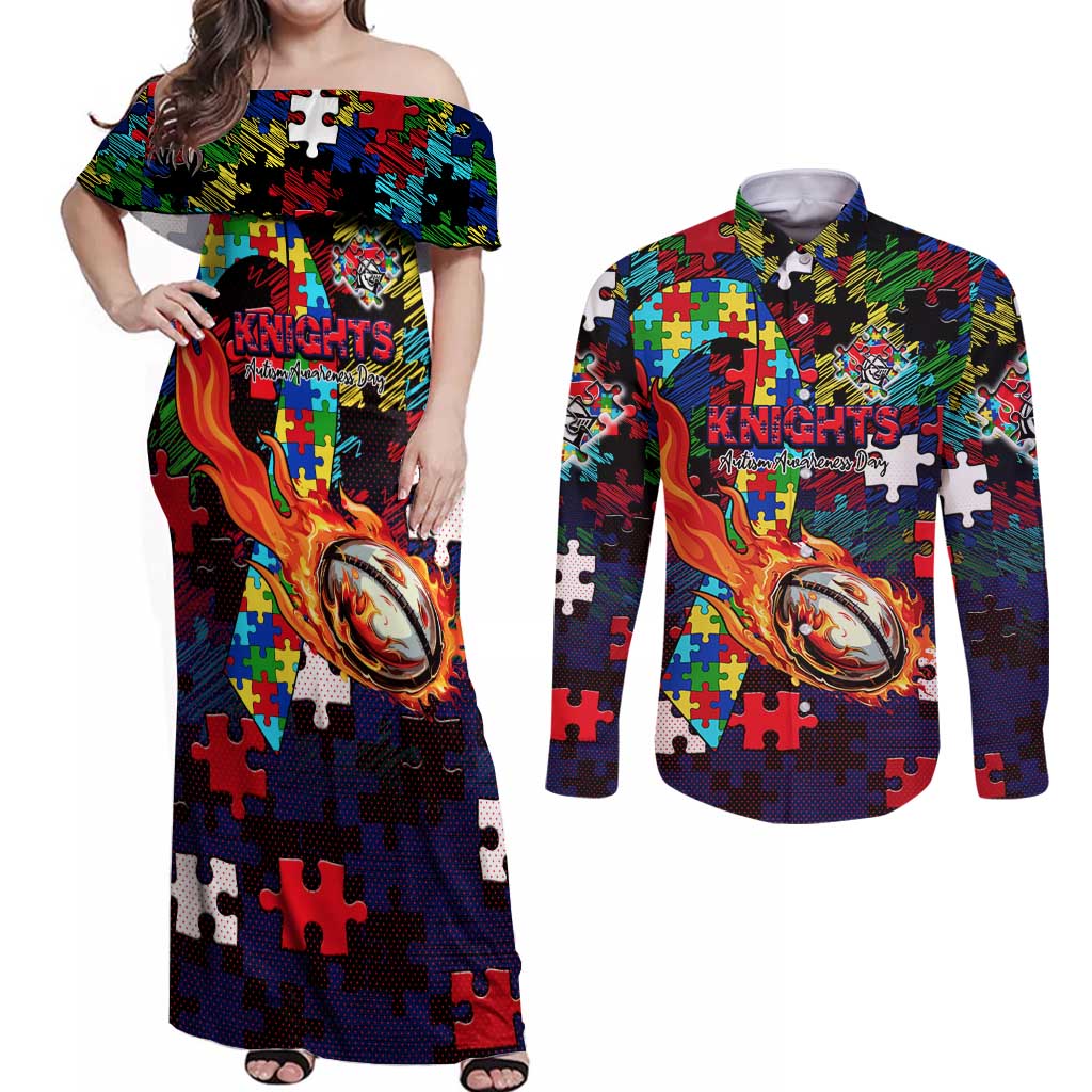 Knights Autism Awareness Couples Matching Off Shoulder Maxi Dress and Long Sleeve Button Shirt Puzzle Flames Rugby Ball