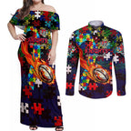 Knights Autism Awareness Couples Matching Off Shoulder Maxi Dress and Long Sleeve Button Shirt Puzzle Flames Rugby Ball
