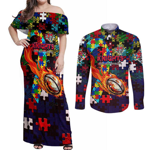 Knights Autism Awareness Couples Matching Off Shoulder Maxi Dress and Long Sleeve Button Shirt Puzzle Flames Rugby Ball