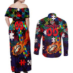 Knights Autism Awareness Couples Matching Off Shoulder Maxi Dress and Long Sleeve Button Shirt Puzzle Flames Rugby Ball