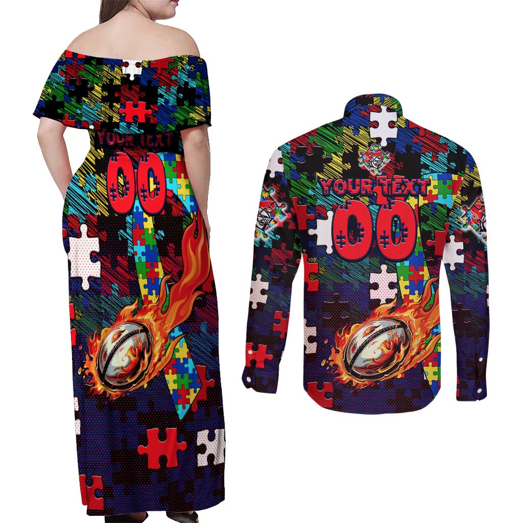 Knights Autism Awareness Couples Matching Off Shoulder Maxi Dress and Long Sleeve Button Shirt Puzzle Flames Rugby Ball