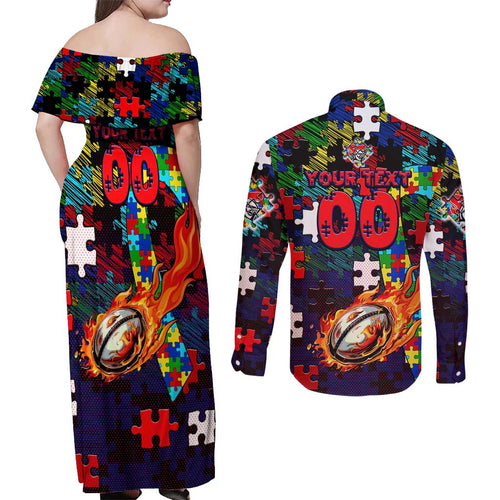 Knights Autism Awareness Couples Matching Off Shoulder Maxi Dress and Long Sleeve Button Shirt Puzzle Flames Rugby Ball