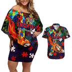 Knights Autism Awareness Couples Matching Off Shoulder Short Dress and Hawaiian Shirt Puzzle Flames Rugby Ball
