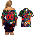 Knights Autism Awareness Couples Matching Off Shoulder Short Dress and Hawaiian Shirt Puzzle Flames Rugby Ball