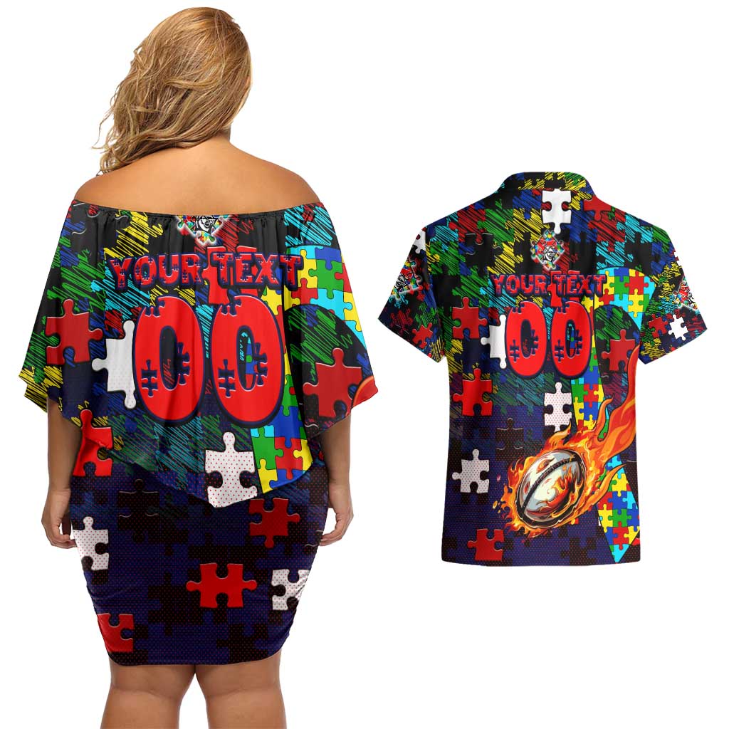 Knights Autism Awareness Couples Matching Off Shoulder Short Dress and Hawaiian Shirt Puzzle Flames Rugby Ball