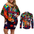 Knights Autism Awareness Couples Matching Off Shoulder Short Dress and Long Sleeve Button Shirt Puzzle Flames Rugby Ball