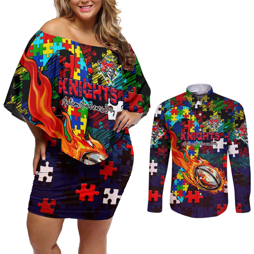 Knights Autism Awareness Couples Matching Off Shoulder Short Dress and Long Sleeve Button Shirt Puzzle Flames Rugby Ball
