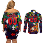 Knights Autism Awareness Couples Matching Off Shoulder Short Dress and Long Sleeve Button Shirt Puzzle Flames Rugby Ball